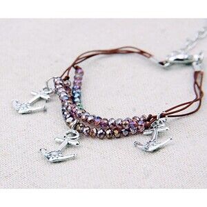 Beaded Boat Anchor Rope Charm Bracelet Anklet 7-9" Nautical Island Silver Tone